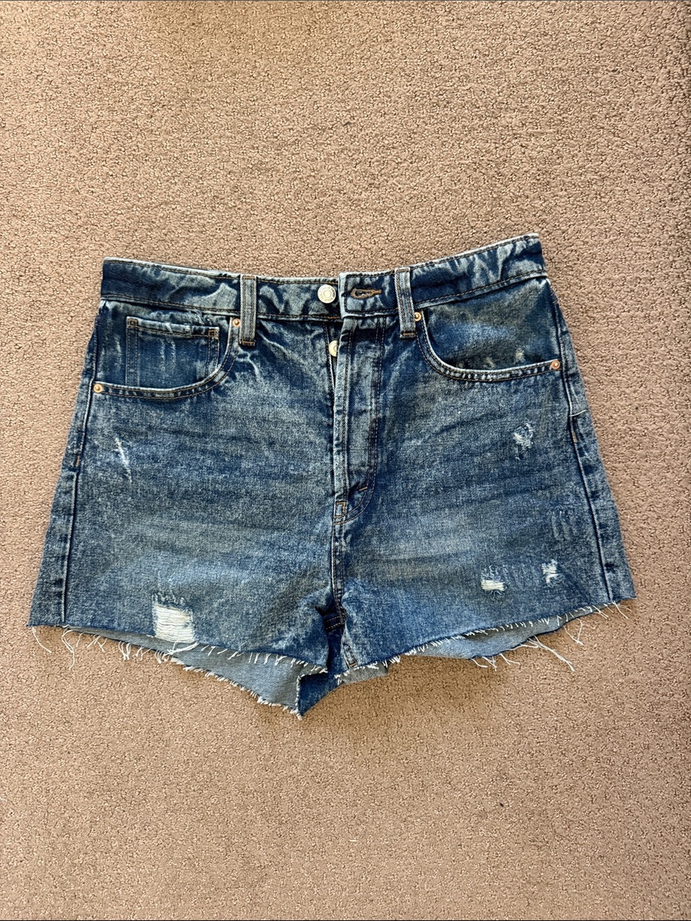 Raw Hem Distressed Denim Shorts - Dark Blue